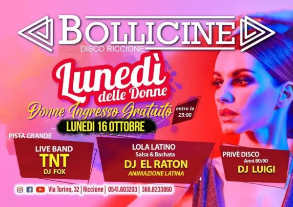 Il lunedì delle donne al Bollicine Riccione il 23 ottobre 2023