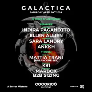 Galactica al Cocorico Riccione 20 aprile 2024. Biglietti e Tavoli