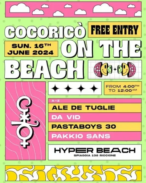 Cocorico On The Beach al Hyper Beach Riccione 16 giugno 2024. Biglietti e Tavoli