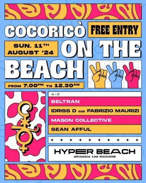 Cocorico On The Beach al Hyper Beach Riccione 11 agosto 2024. Biglietti e Tavoli
