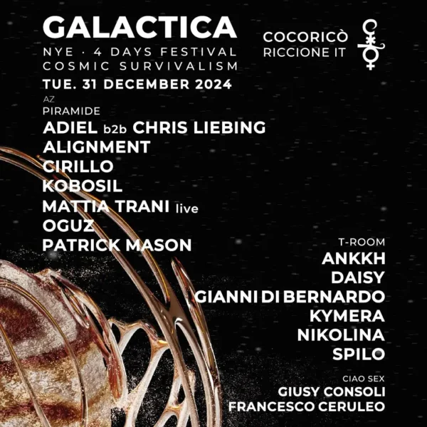 Adiel B2B Chris Liebing al Galactica NYE 2024 Cocorico Riccione 31 dicembre 2024. Biglietti e Tavoli