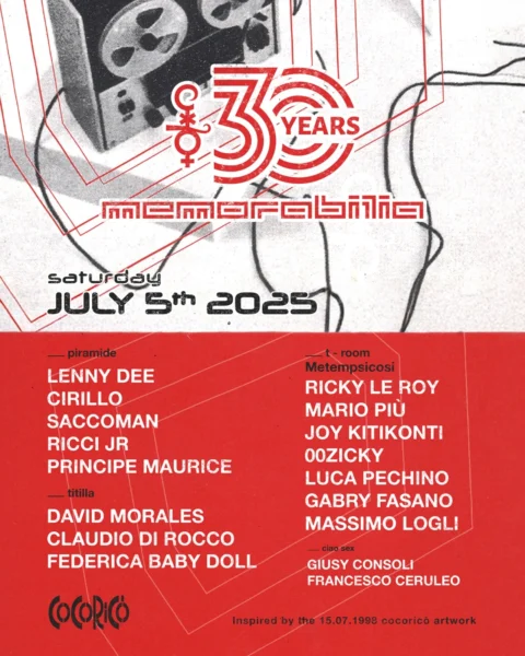Memorabilia 30 Years al Cocorico Riccione 05 luglio 2025. Biglietti e Tavoli