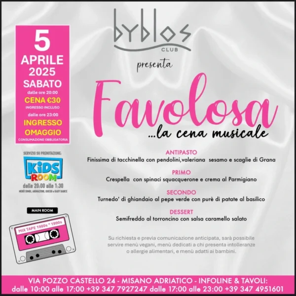 Favolosa al Byblos 05 aprile 2025. Biglietti e Tavoli