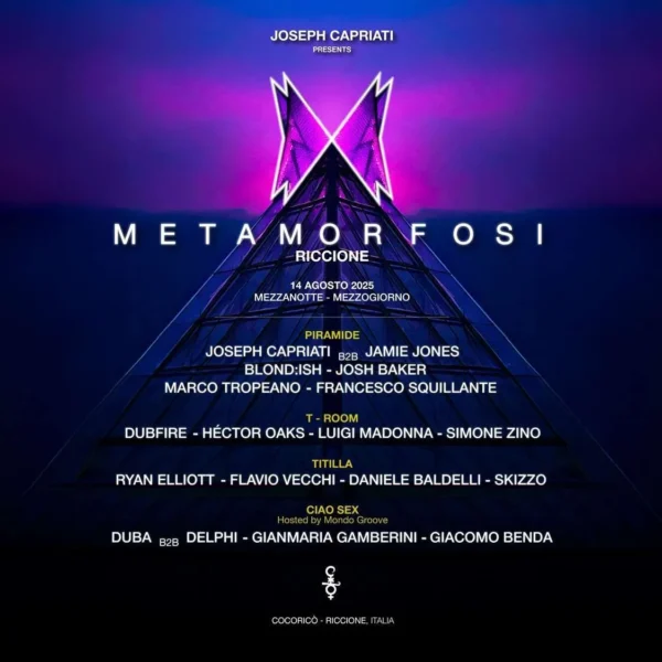 METAMORFOSI Joseph Capriati b2b Jamie Jones al Cocorico Riccione 14 agosto 2025. Biglietti e Tavoli