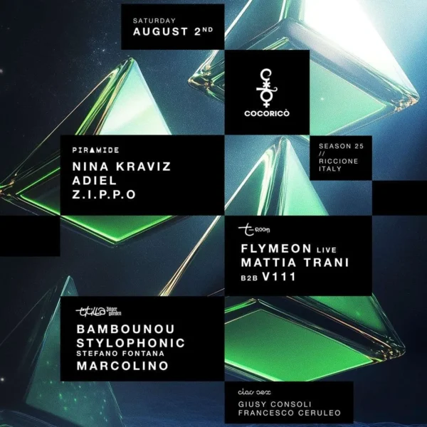 Nina Kraviz - Bambounou - Flymeon al Cocorico Riccione 02 agosto 2025. Biglietti e Tavoli