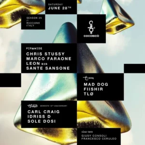 Chris Stussy Marco Faraone Carl Craig al Cocorico Riccione 28 giugno 2025. Biglietti e Tavoli