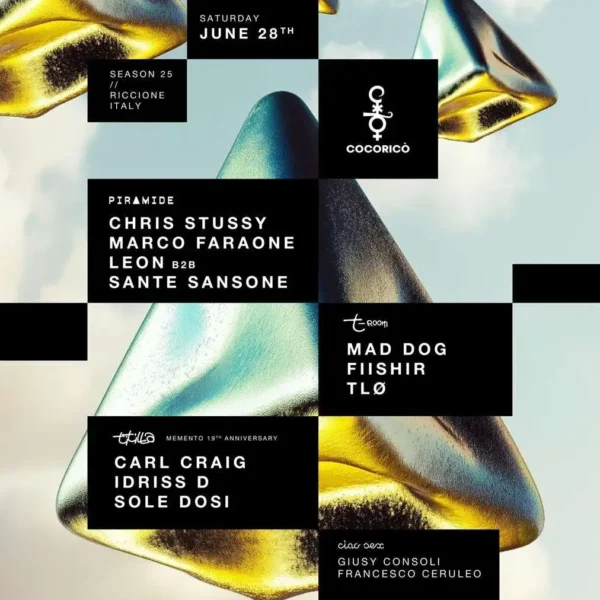 Chris Stussy Marco Faraone Carl Craig al Cocorico Riccione 28 giugno 2025. Biglietti e Tavoli