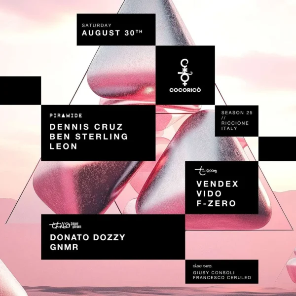 Dennis Cruz - Ben Sterling - Vendex - Donato Dozzy al Cocorico Riccione 30 agosto 2025. Biglietti e Tavoli
