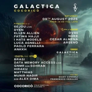 Galactica Festival al Cocorico Riccione 09 agosto 2025. Biglietti e Tavoli