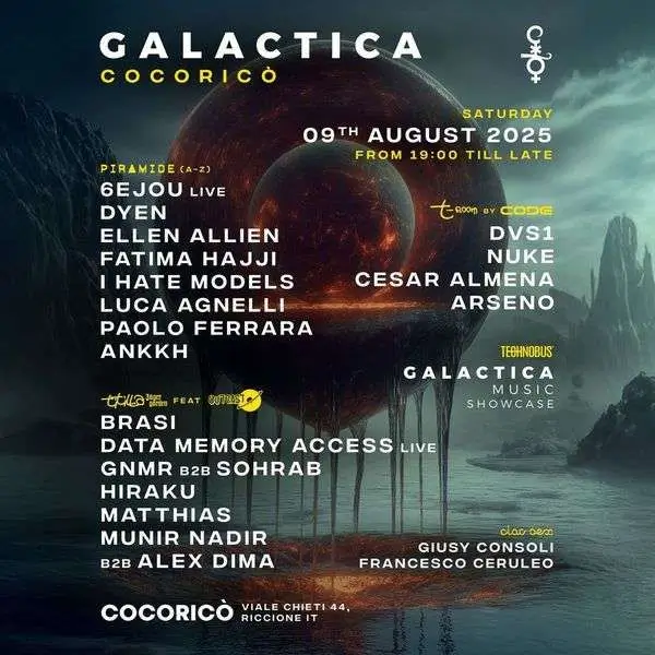 Galactica al Cocorico Riccione 09 agosto 2025. Biglietti e Tavoli