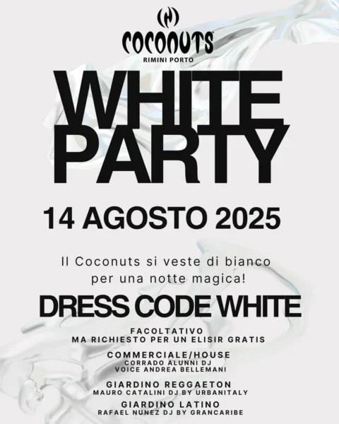 White Party al Coconuts 14 agosto 2025. Biglietti e Tavoli