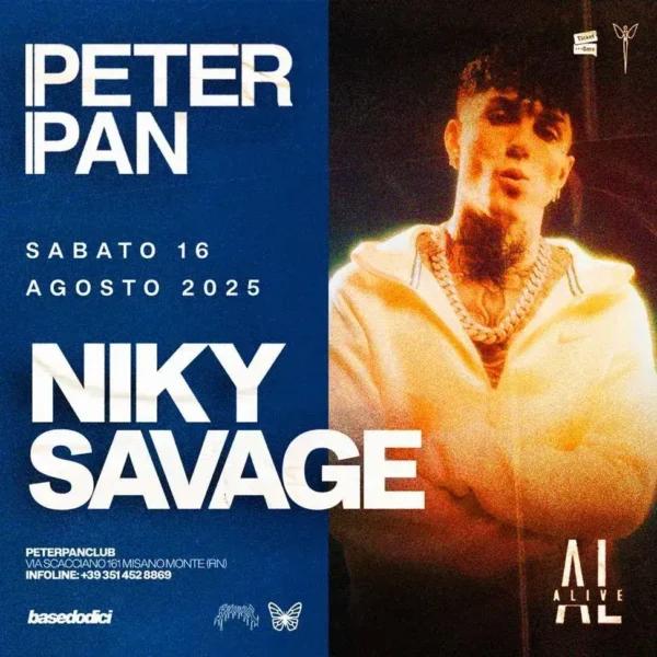 Niky Savage al Peter Pan 16 agosto 2025. Biglietti e Tavoli