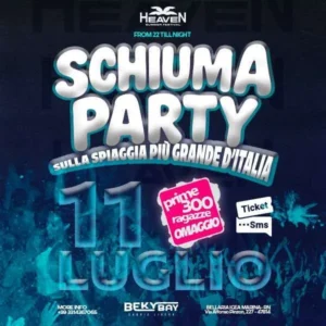Schiuma Party al Beky Bay 11 luglio 2025. Biglietti e Tavoli