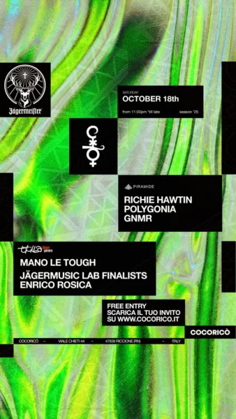 Jägermusic Lab al Cocorico Riccione 18 ottobre 2025. Biglietti e Tavoli