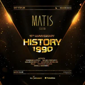 History 1990 al Matis Bologna 17 gennaio 2026. Ticket Tavoli